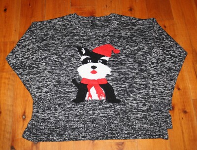 New Directions UGLY CHRISTMAS SWEATER Black PUPPY DOG Hat Scarf XL NICE