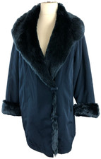 New Jacques Vert Coat Large 18 Blue Faux Fur Collar 3/4 Length Quilted Lined