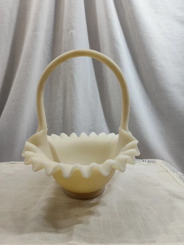 Fenton Custard Satin Glass Ruffled Edge Oval Basket Made by Austin Dallison