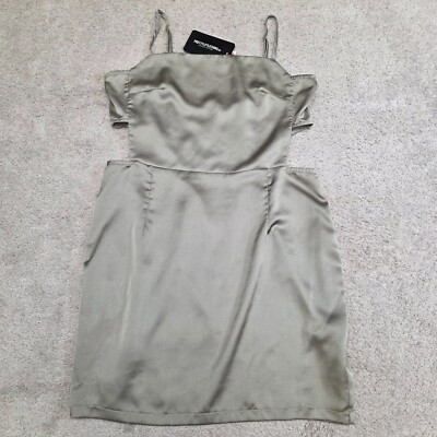 Pretty Little Thing Sage Green Satin Cut Out Side Bodycon Dress Sz 16 New