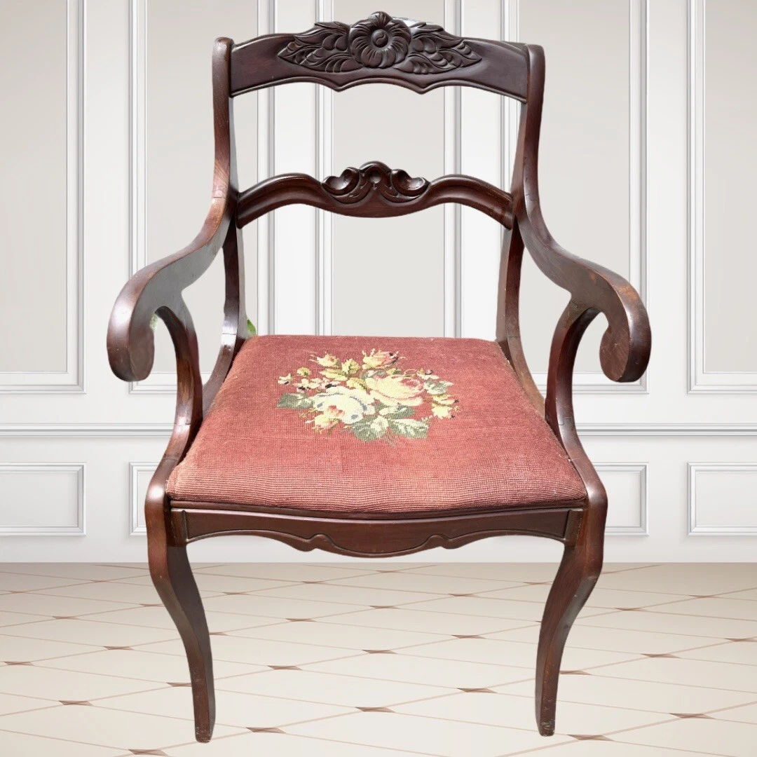 Antique Victorian Carved Needlepoint Mahogany Dining Chair Roseback Duncan Phyfe