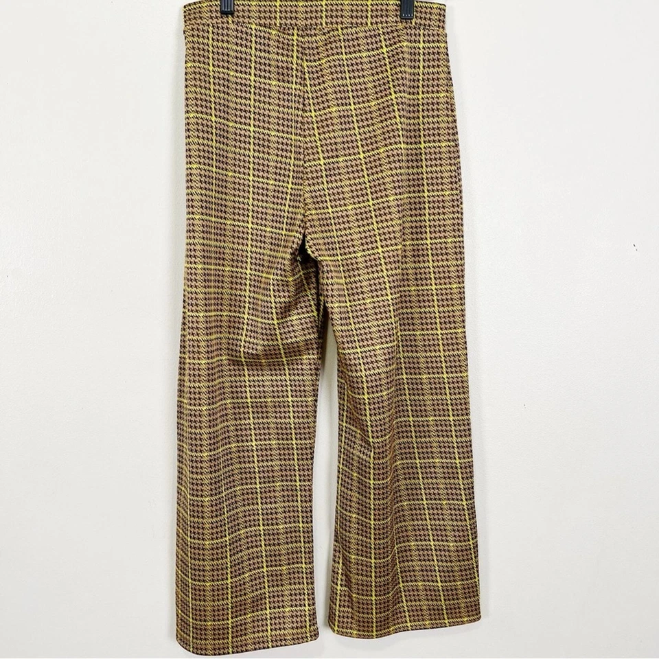 ZARA Wide Leg Pants Women Small Yellow Brown Check Plaid Academia Fall Preppy - Image 4 of 4