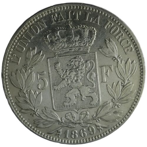 1869 BELGIA 5 FRANKÓW SREBRO KRÓL LEOPOLD II RZADKI STAN DOSKONAŁY Z1359 - Zdjęcie 1 z 2