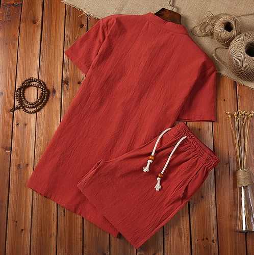 Mens Shorts Cotton Linen Summer Outfit 2-Piece Set Short Sleeve T Shirts and - Bild 6 von 14