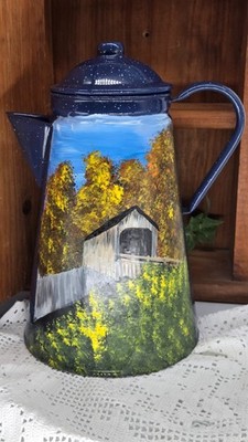 enamel koffee pot w/ covered bridge fall (25152) hand painted