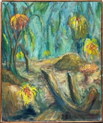 Expressionist Abstrakte Waldszene mit Blumen und Ästen Ölbild Danish Midcentury 