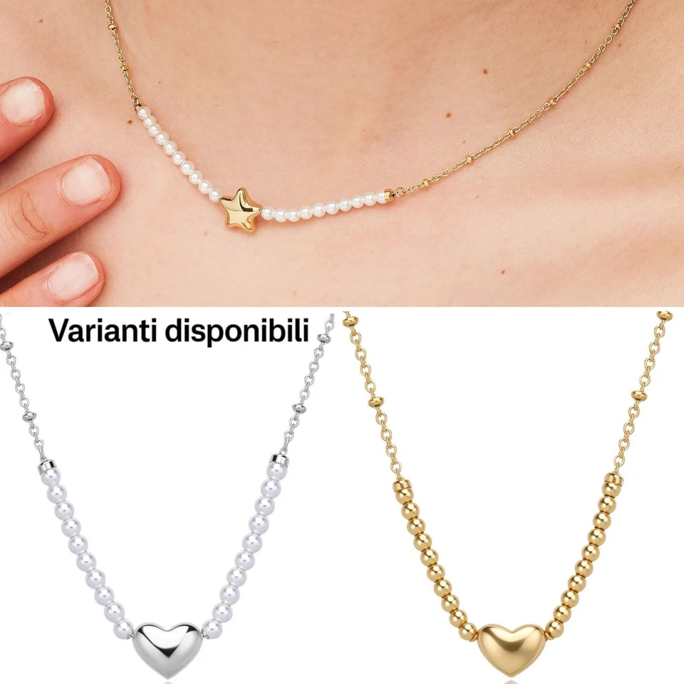 Sagapo Collana Donna Cuore e Stella con Perle o Sfere Acciaio colore Oro Argento - Immagine 2 di 3