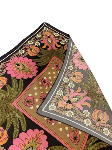 VTG 60S 70S GREEN PINK ORANGE BROWN PSYCHEDELIC FLORAL PALM TREE DAISY SCARF - Picture 3 of 4