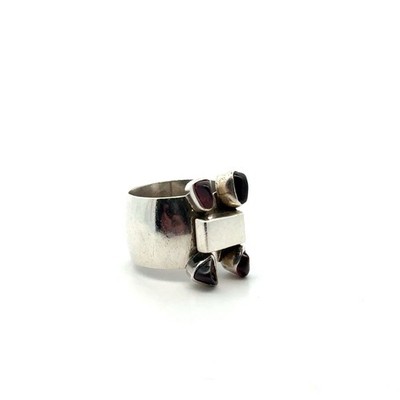 Lilly Barrack 925 Sterling Silver Garnet Handmade Wide Band Ring, 13.3g