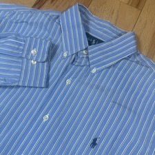 Polo Ralph Lauren Dress Button Shirt Mens Large Custom Blue Stripe Long Sleeve