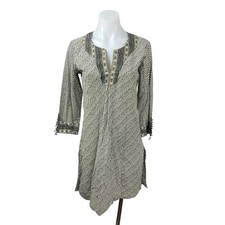 Anokhi Women's Black Geometric Half Sleeve V Neck Boho A Line Mini Dress Size S