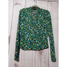 Catherine Malandrino Womens Green Blue Floral Wrap V-Neck Long Sleeve Top Size M