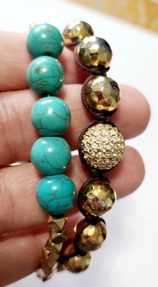Gold & Turquoise Beaded Brown Leather Tie Bracelet Set - Image 2 of 4