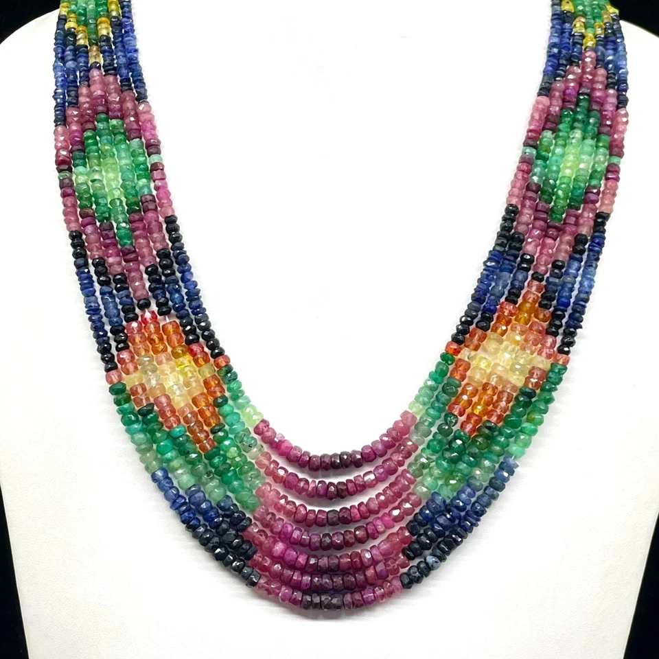 7 Strähnen Natürlicher Smaragd Rubin Saphir Elegant Handmade Verstellbar Kette - Bild 3 von 4