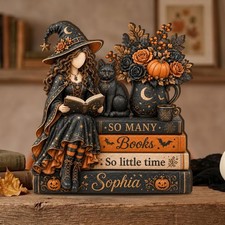Personalized Halloween Book Lover Wooden Block, Witch Reading Decor
