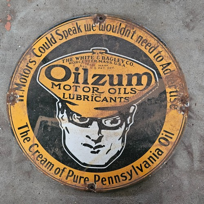 #ad VINTAGE OILZUM MOTOR LUBRICAN OLD US GASOLINE OIL GAS PUMP ENAMEL PORCELAIN SIGN $149.99
