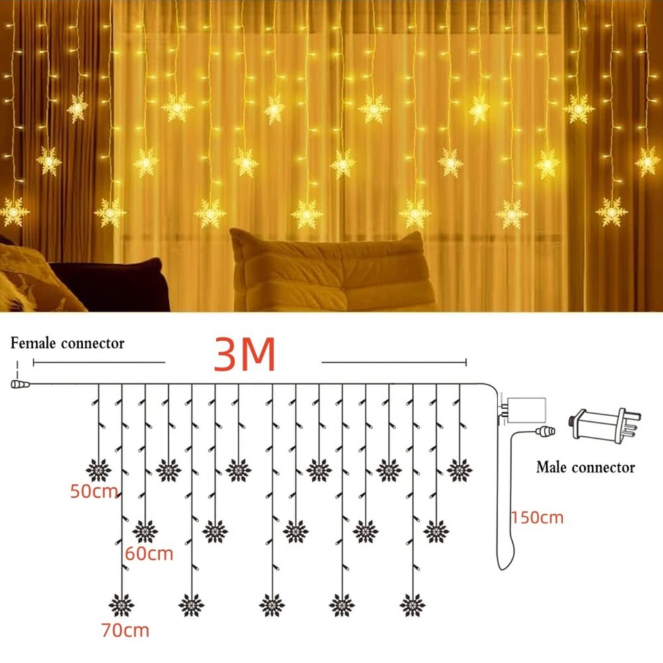 Christmas LED Curtain Snowflake Lights Window String Fairy Waterproof Decor Xmas - Image 3 of 4
