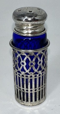 Vintage Cobalt Blue Glass w/ Silver Plated Pepper Shaker 2 3/4  GC