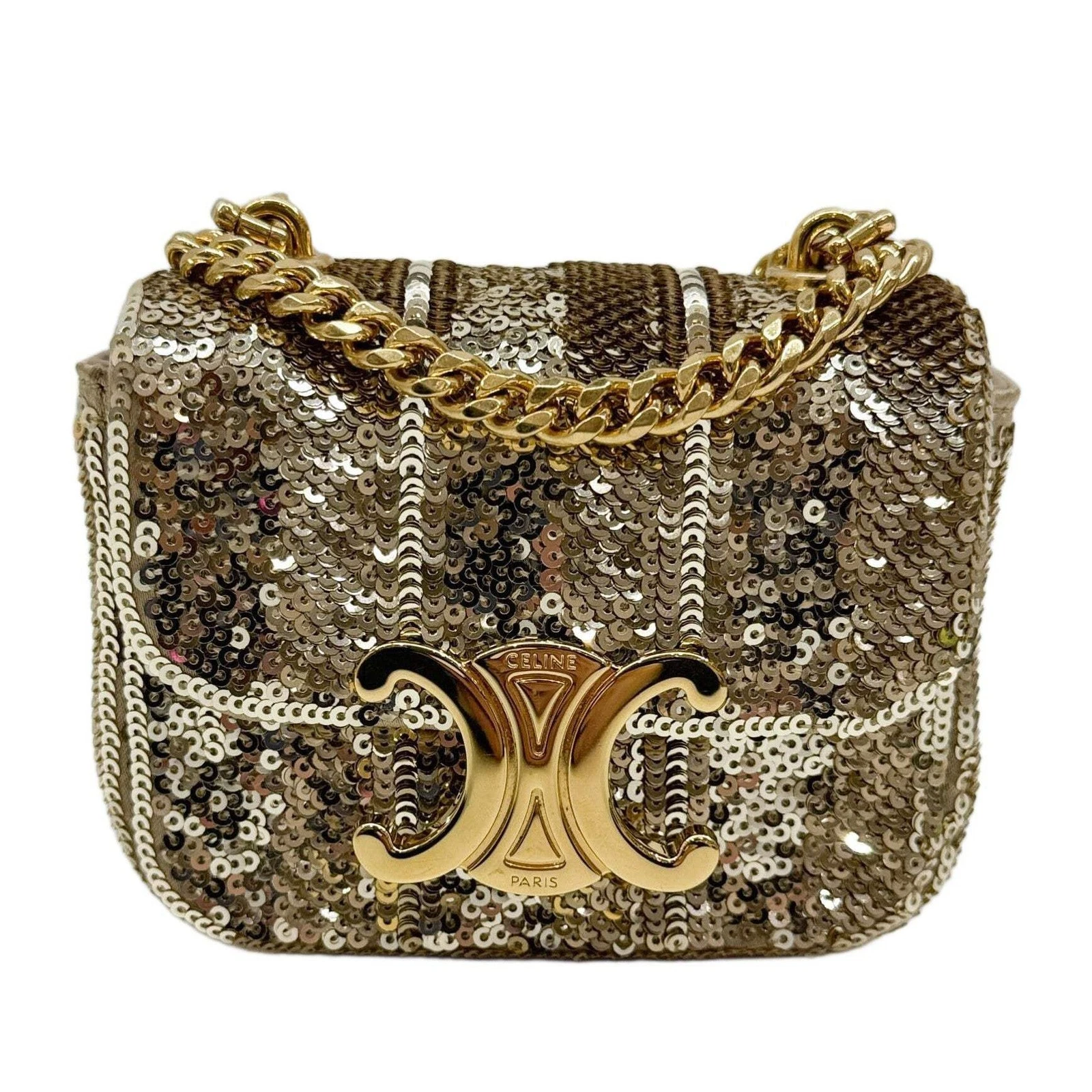 Celine — CELINE Mini Triomphe Gold Sequin Shoulder Bag