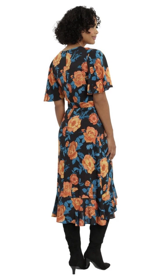 VESTIDO LONDON TIMES preto floral Damona com cinto envoltório falso babado midi 18  - Imagem 2 de 4