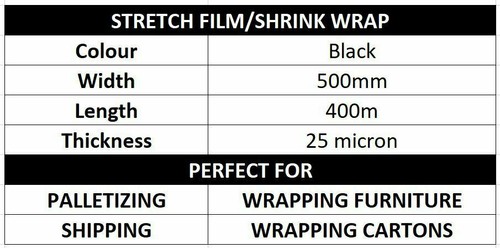 4 X Stretch Film Black Cast 25 U 500MM x 400M Plastic Pallet Wrap Shrink Hand - Picture 8 of 8