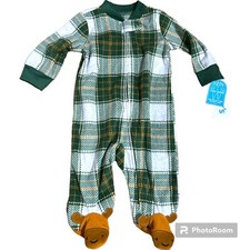 Baby Boys Plaid Footed Sleeper Pajamas Moose Feet Size 3M Zip-Up One-Piece