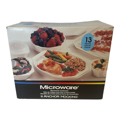 Vtg Anchor Hocking MicroWare Microwave & Oven 13 Piece Cookware Set White Freeze