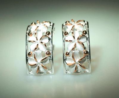 8MM 2-TONE ROSE GOLD PLATED 925 SILVER HAWAIIAN PLUMERIA CRESCENT STUD EARRINGS