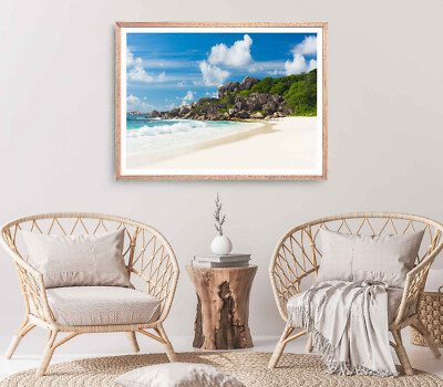 Rocks Print, Sea & Mountain Wall Art, Cloudy Sky Framed Beach Wall Art, Coastal