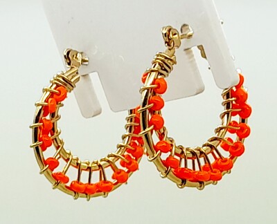 Fashion Bohemian gold tone with orange glass Seed Bead 1inch small Hoop  Earrings