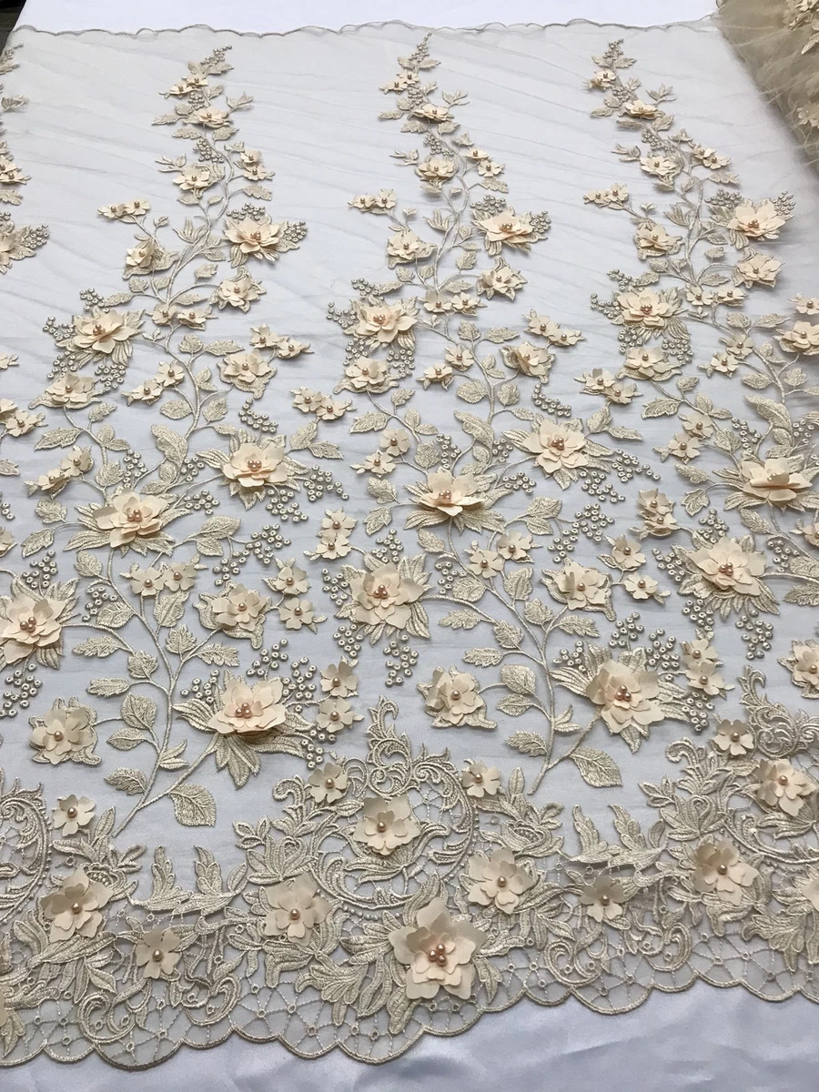 3D Flower Floral Embroidered Lace Champagne Mesh Fabric Wedding