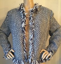 New St John Knit Sz 16 Jacket Navy White Multi Tweed With Fringe