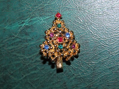 CHRISTMAS TREE PIN EISENBERG SIGNED RHINESTONES GOLD TONE Vtg