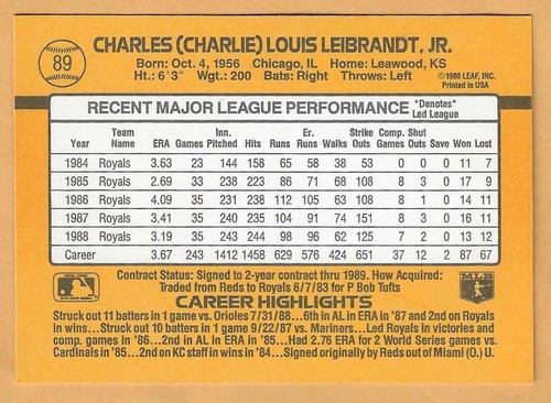 Charlie Leibrandt Kansas City Royals #89 - Donruss casi nuevo-como nuevo 1989 - Imagen 2 de 2