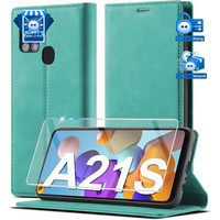 HandyhüLle Leder Flip SchutzhüLle FüR Galaxy A21S Mit Kartenfach GrüN