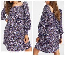 ASOS Maternity Blue Red Ditsy Floral Smoked Mini Dress Puff Sleeve Women's US 16
