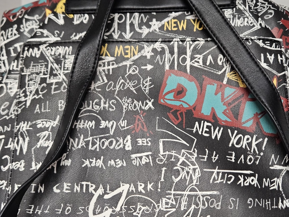 DKNY Tilly Fold Over Backpack Graffiti Logo Black Multicolor 