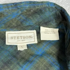 Stetson Shirt Mens Large Green Blue Plaid Western Pearl Snap Long Sleeve Logo