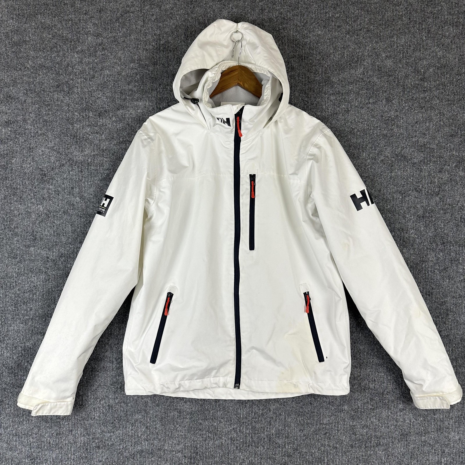Helly Hansen Jacket Mens Medium White Helly Tech Hooded Waterproof Rain Coat