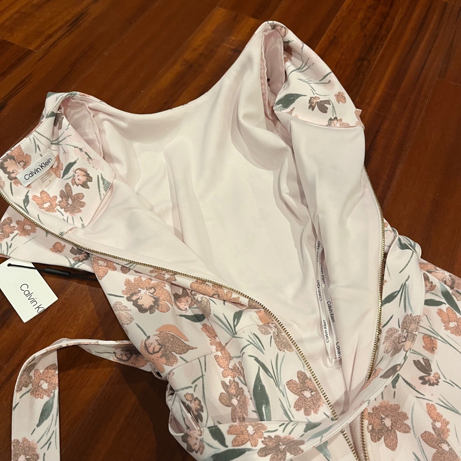 Calvin Klein Floral Dress Midi Belt Blush Light Pink Multi Shoulder Pad New Sz 4 thumbnail 11