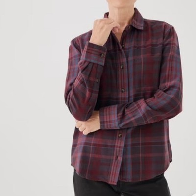 Pact Women M Fireside Flannel Button Up Shirt Burgundy Blue Plaid Organic Cotton