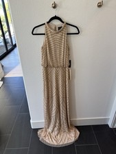 Adriana Papell Beaded Halter High Neck Gown Champagne Size 2 NWT