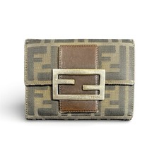 Vintage Fendi Zucca Canvas Trifold Wallet - Brown Leather Trim - Made in Italy