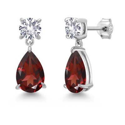 8.34 Cttw Garnet and White Created Sapphire Teardrop Dangle Drop Earrings For