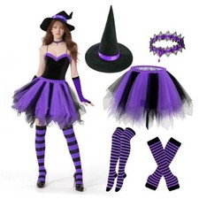5 PC Women Halloween Witch Costume, Wicked Witches Pumpkin Tutu Outfit Purple