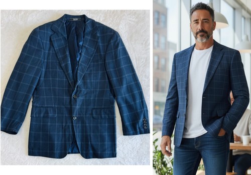 Arnold Brant Blazer Sport Coat Mens Size 36S Blue Windowpane Check 100% Bamboo