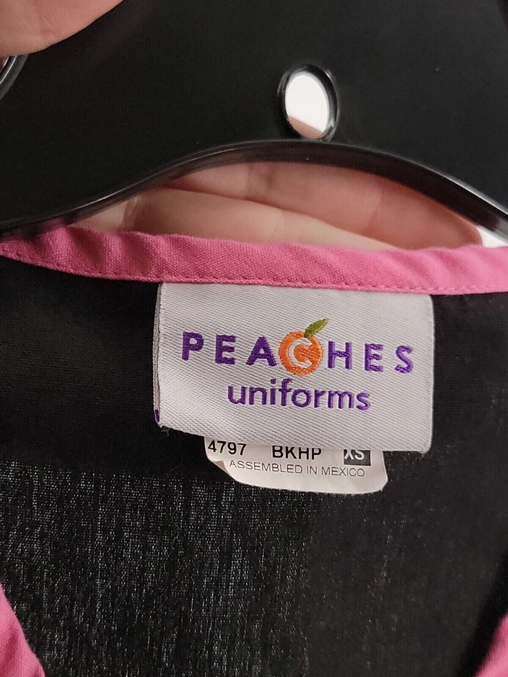 Peaches Uniforms Scrub Top Womens Size XS Color Black Pink Trim V Neck Pockets - Image 3 of 4