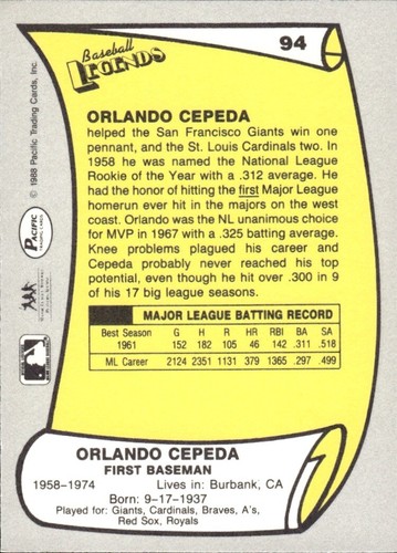 1988 and 1989 Pacific Baseball Legends MLB Set Break #1-#220 — You Choose! - Picture 187 of 441