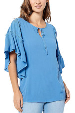 Susan Graver Weekend Rayon Crepe Flutter Sleeve Tunic Lotus Blue