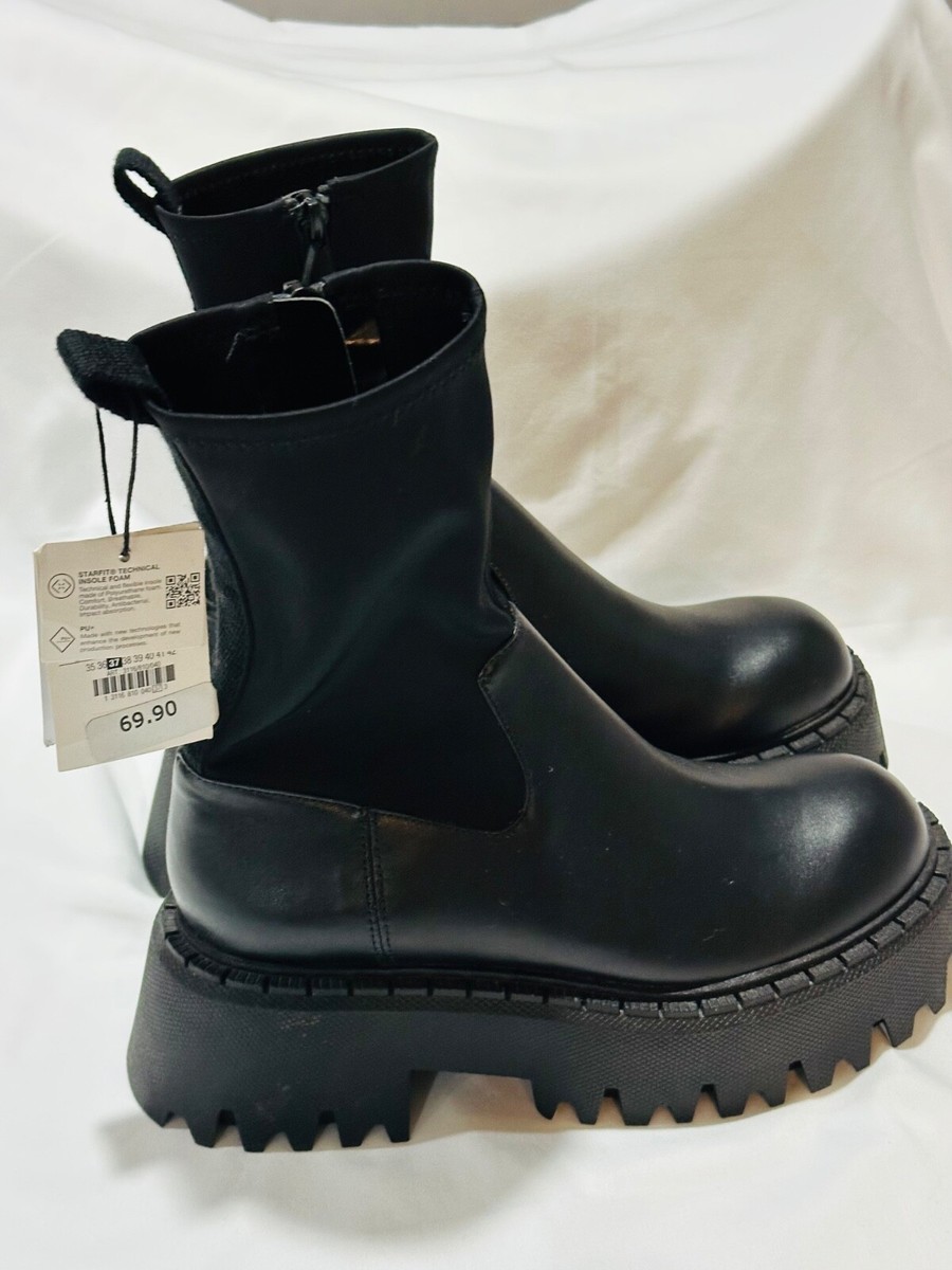 Zara Platform Boots Women's Size 37 Black Sock Side Zip